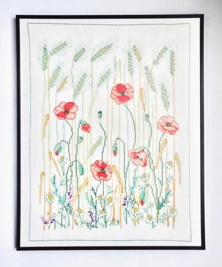 Grote vintage 70s lijst klaprozen bloemen bloem borduurwerk, Ophalen, 40 cm, Meerkleurig, Textiel