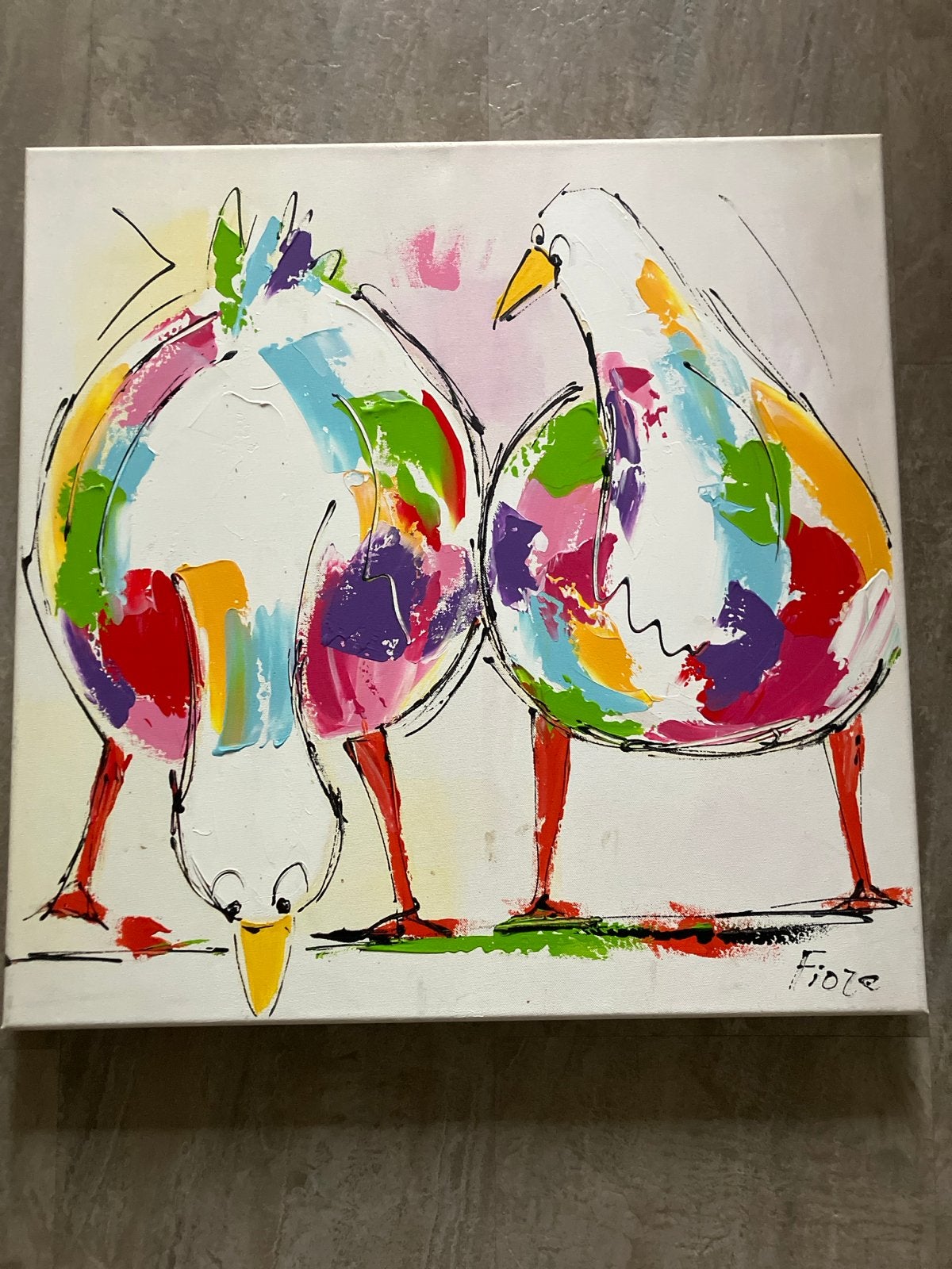 Kleurrijk schilderij van twee vogels - gesigneerd Fiore, Antiek en Kunst, Ophalen, Acrylverf, Dieren, Gesigneerd