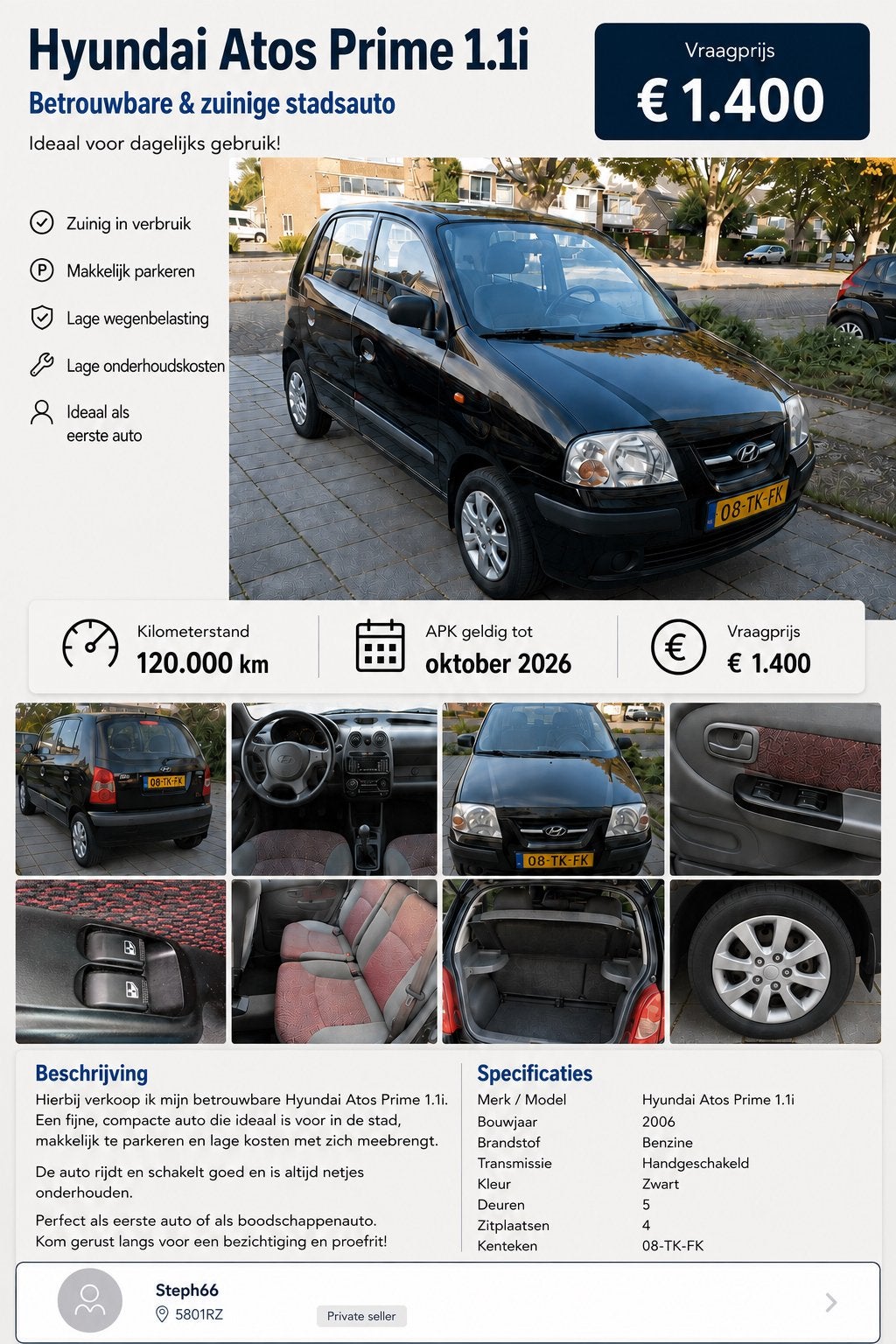Hyundai Atos 1.1 2006 Zwart, Auto's, Voorwielaandrijving, 31 €/maand, 4 cilinders, Zwart