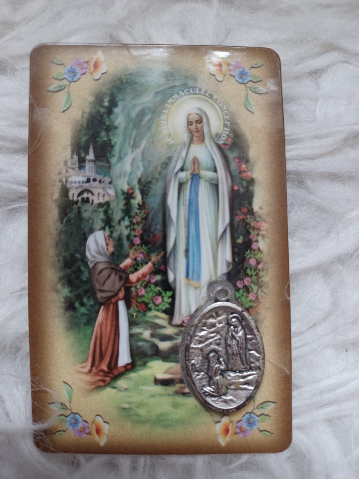 Gebedskaart O.L.V. Maria van Lourdes met medaille, Ophalen of Verzenden