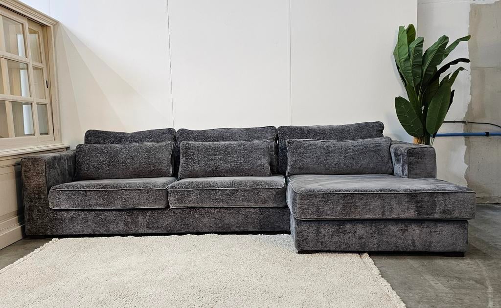 Hoekbank Met Lounge Grijs - Fijne Zachte Stof - Gereinigd, Ophalen of Verzenden, Tweelingenlaan 106, Stof, Nijhof Brothers Furniture