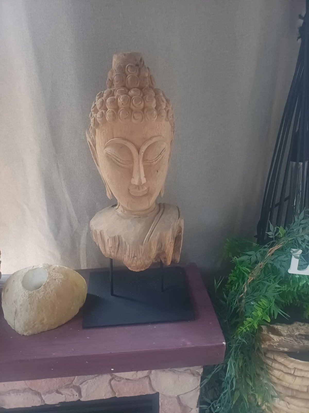 Houten Boeddha Hoofd op Sokkel - Handgesneden Decoratie, Ophalen of Verzenden
