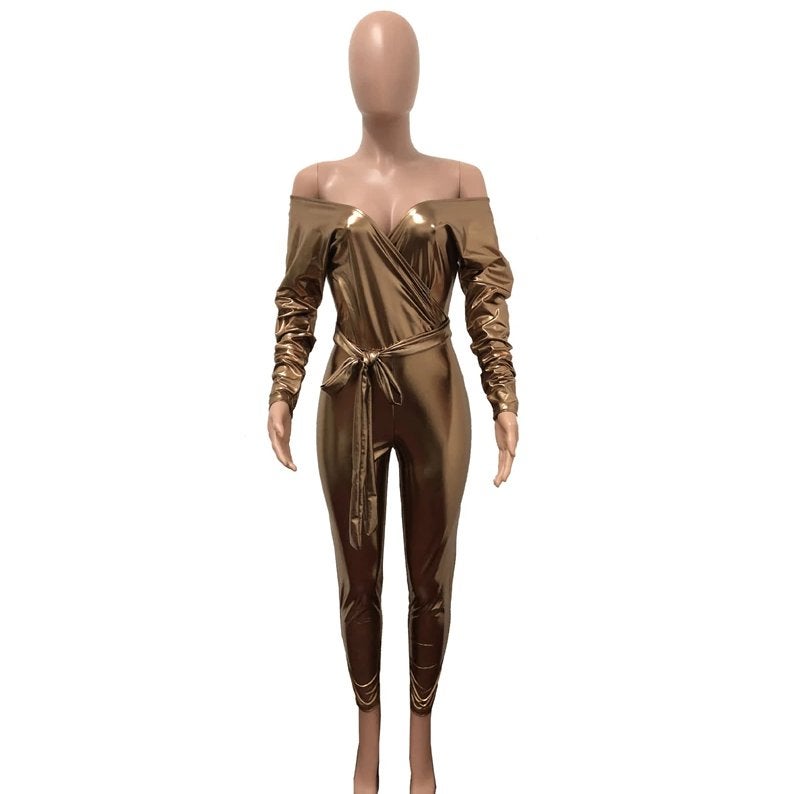 Gouden glimmende dames jumpsuit catsuit bodysuit S M L XL, Verzenden, Nieuw, Maat 46/48 (XL) of groter, Overige thema's