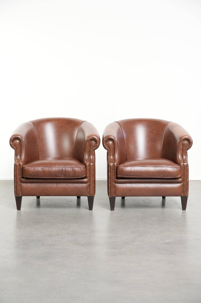 Set van 2 mooie cognac kleurige rundleren clubfauteuils, Ophalen, Gebruikt, ., .