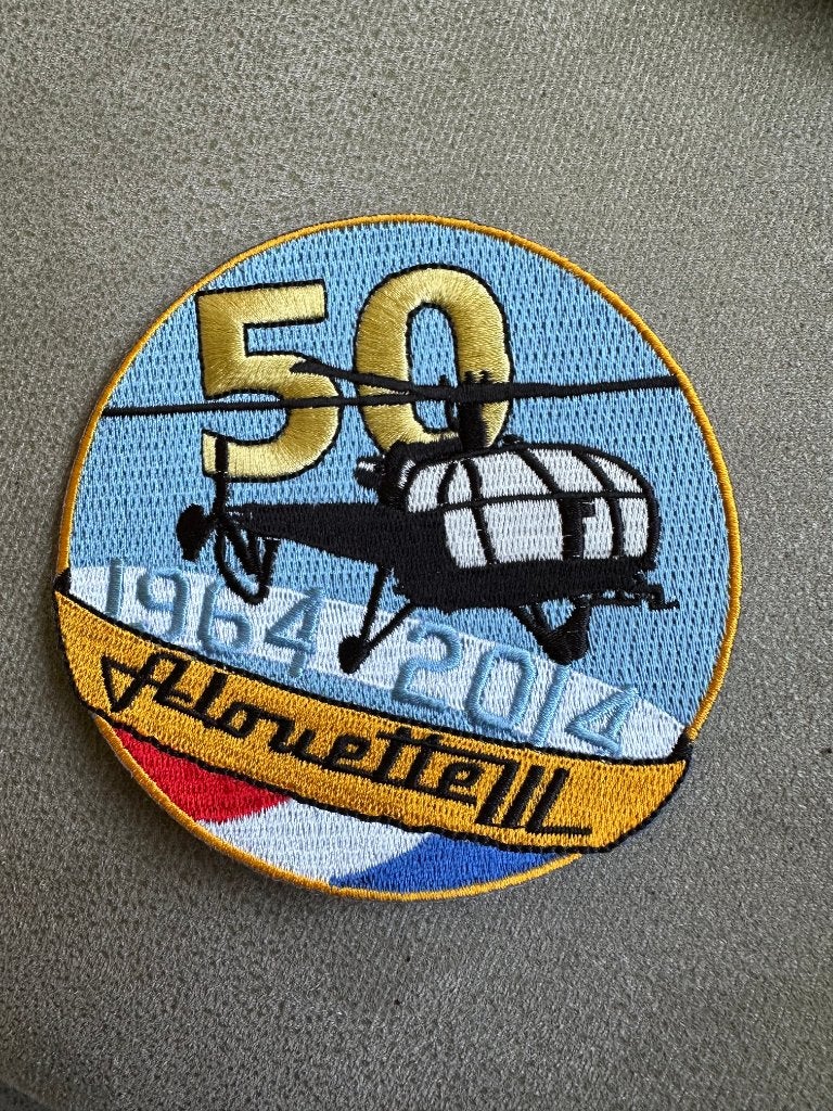 2 x 50 years Alouette III patches, Ophalen of Verzenden, Gebruikt, Patch, Badge of Embleem