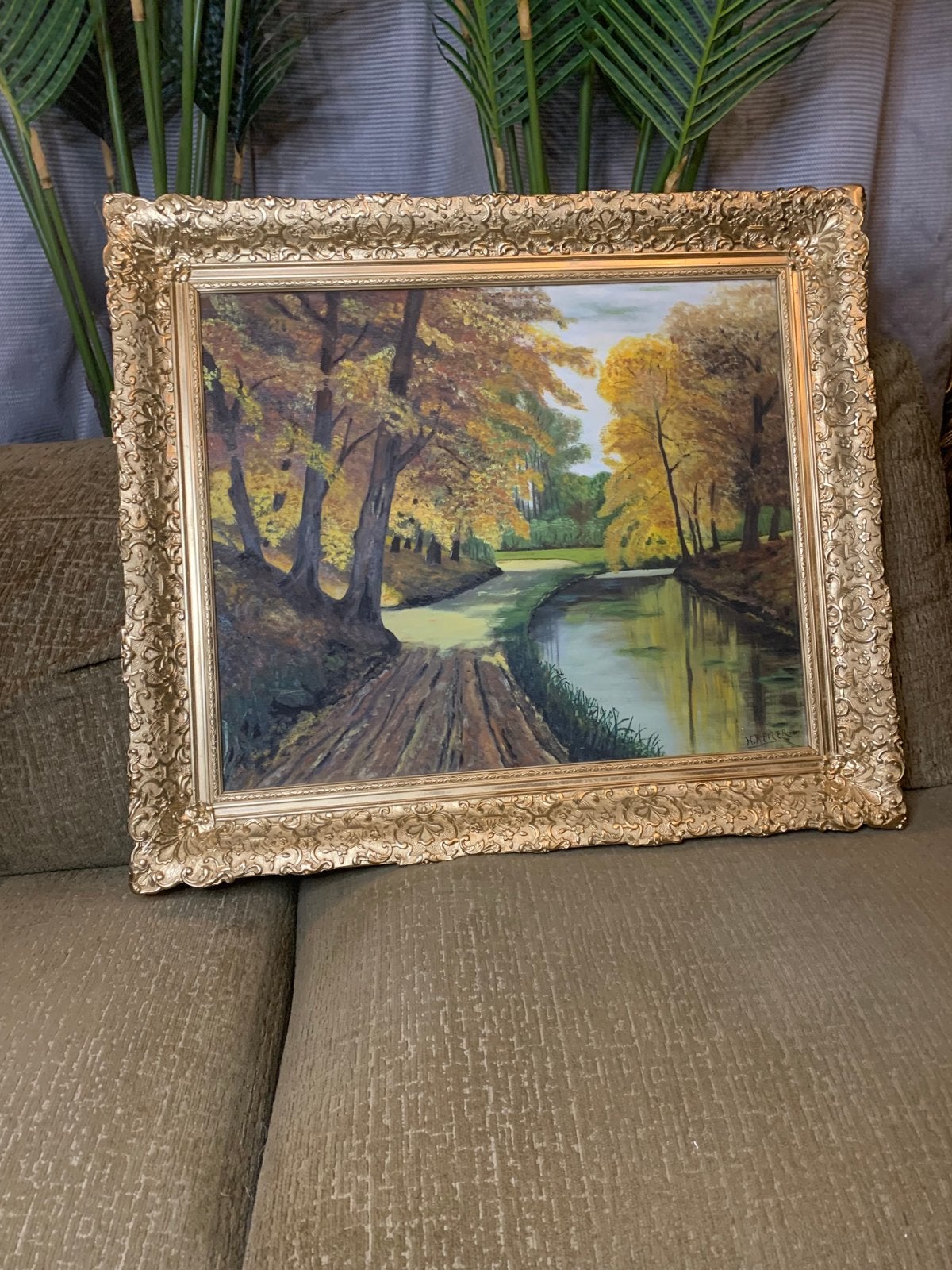 Groot Klassiek barok goud Schilderij Rivier in Gouden Lijst, Doek, Realistisch, Overige technieken, Ophalen of Verzenden