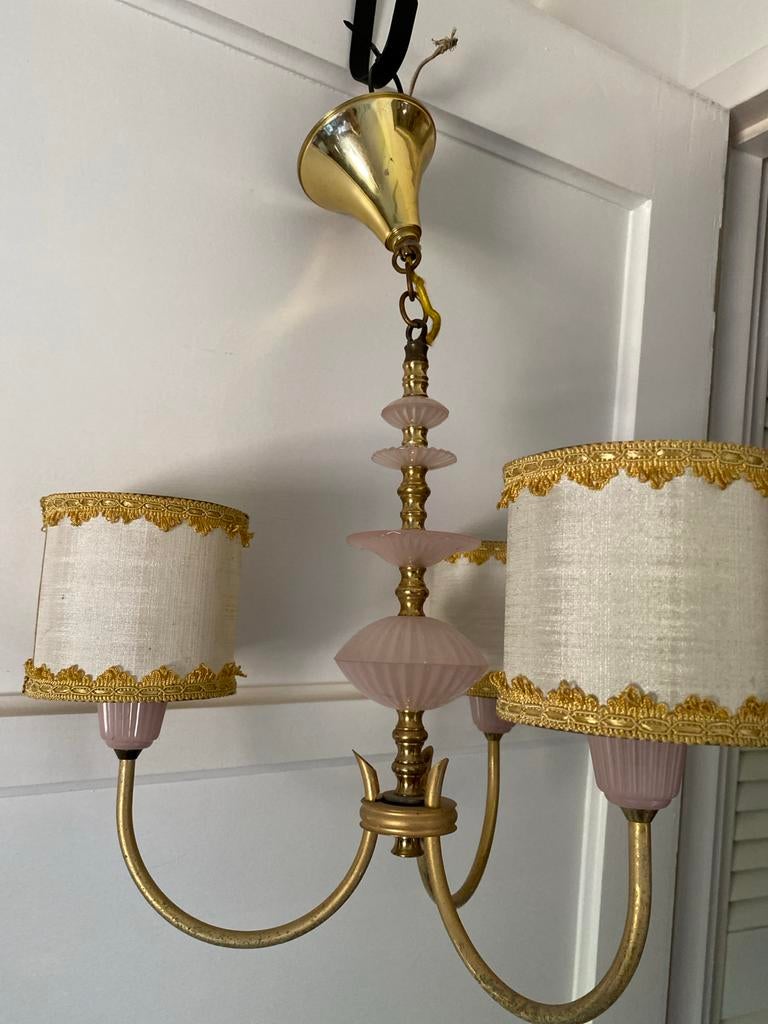 Prachtige Franse hanglamp met roze glas, Huis en Inrichting, Lampen | Hanglampen, Ophalen of Verzenden, Gebruikt, Glas