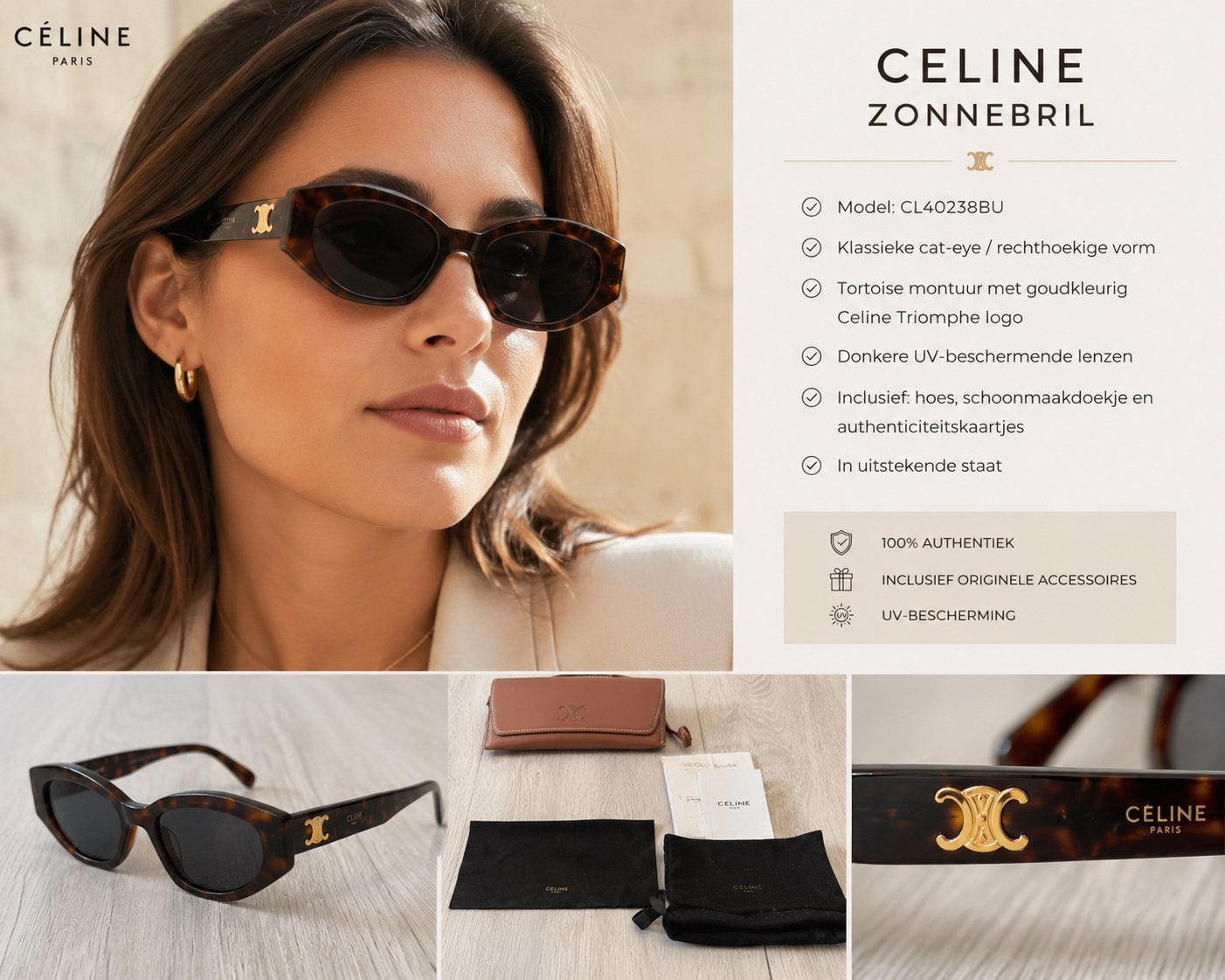 Celine Zonnebril CL40238BU - Cat-eye Tortoise ALS NIEUW, Overige merken, Zonnebril, Bruin, Ophalen of Verzenden
