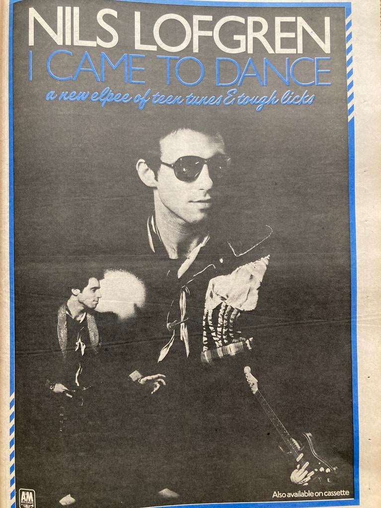 Paginagrote A3 advertentie NILS LOFGREN I Came To Dance rele, Ophalen of Verzenden, Zo goed als nieuw, A1 t/m A3