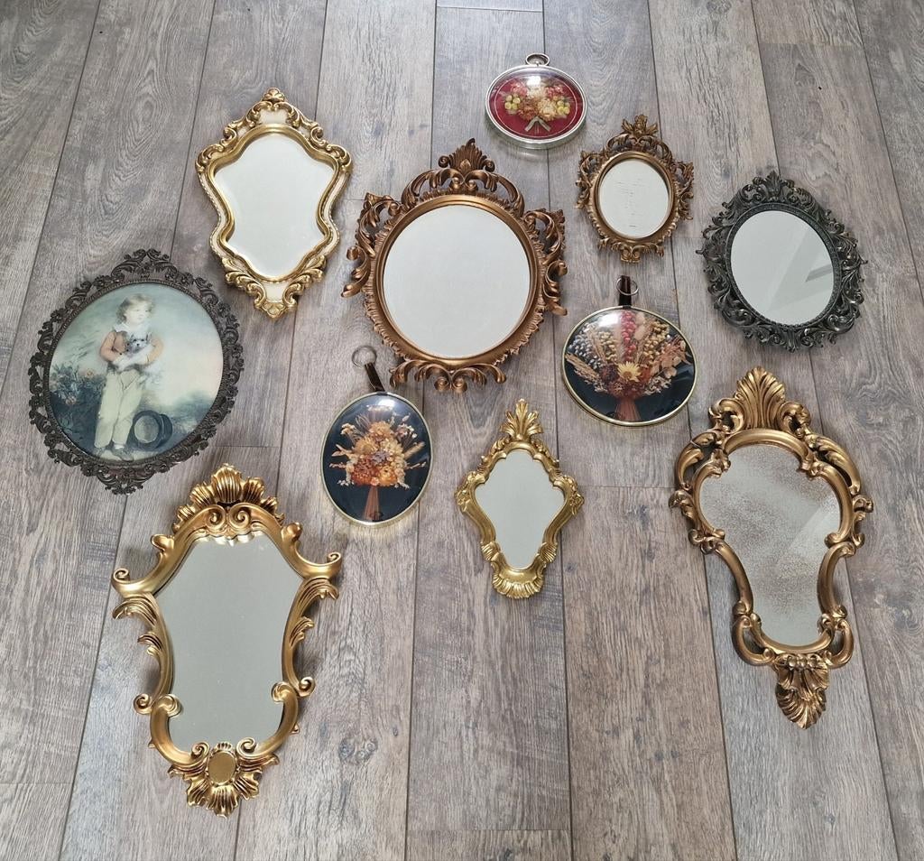 Set van 11 antieke barok spiegels/bloemstuk ter decoratie, Ophalen, Rechthoekig