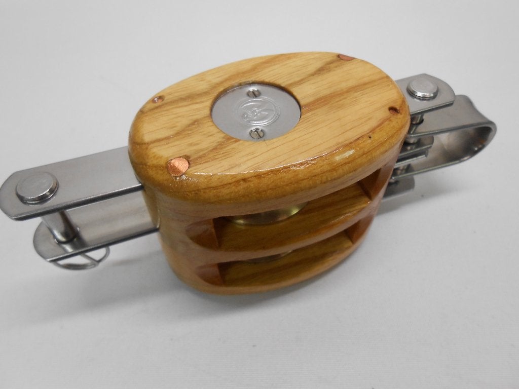 Houten Blokken / Katrollen, dubbelschijfs + hondsvot, 12 mm, Ophalen of Verzenden, Nieuw, Lijn of Blok