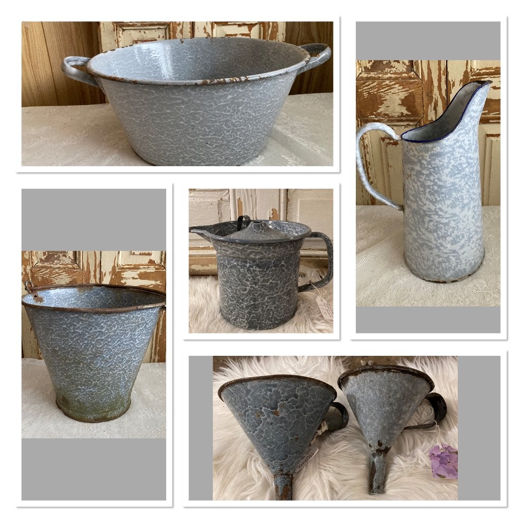 Brocante emaille kan - melkkoker - emmer / wolkjesemaille, Ophalen