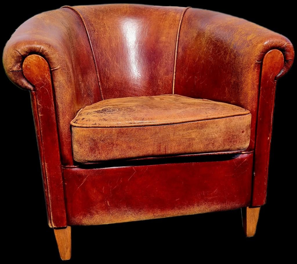 Schapenleren Fauteuil + Hocker - GRATIS BEZORGING, Gebruikt, Ophalen of Verzenden, Klassiek, Vintage, Landelijk, 75 tot 100 cm