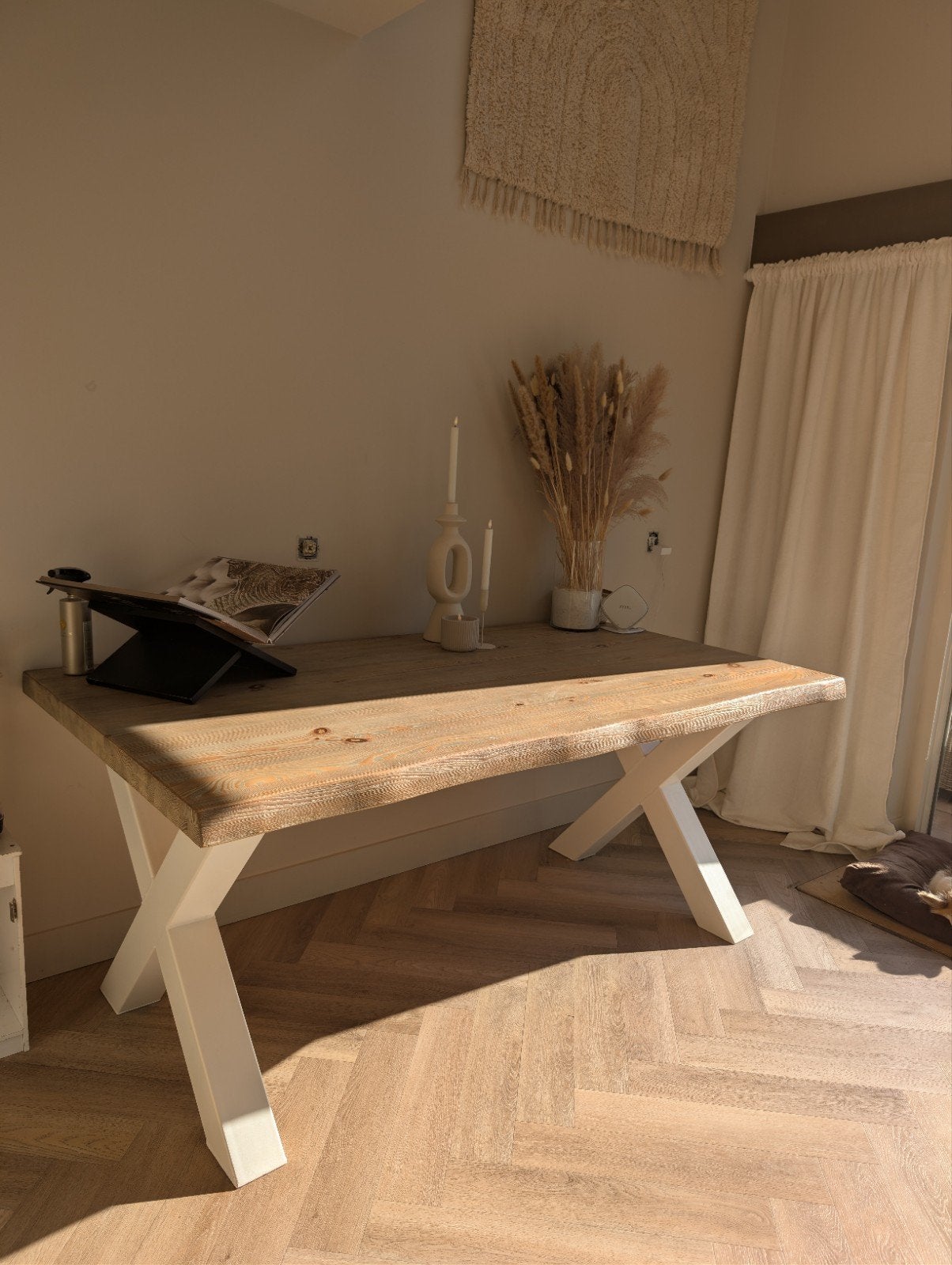 Kruispoot tafel Japandi stijl 180x96 cm, Ophalen, Japandi, Gebruikt, 50 tot 100 cm