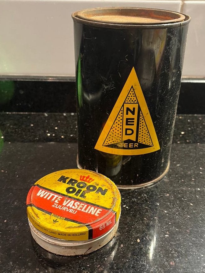 Oude blikjes kroon olie en Nediol Nedteer Diemen, Verzamelen, Blikken, Ophalen of Verzenden, Gebruikt, Overige