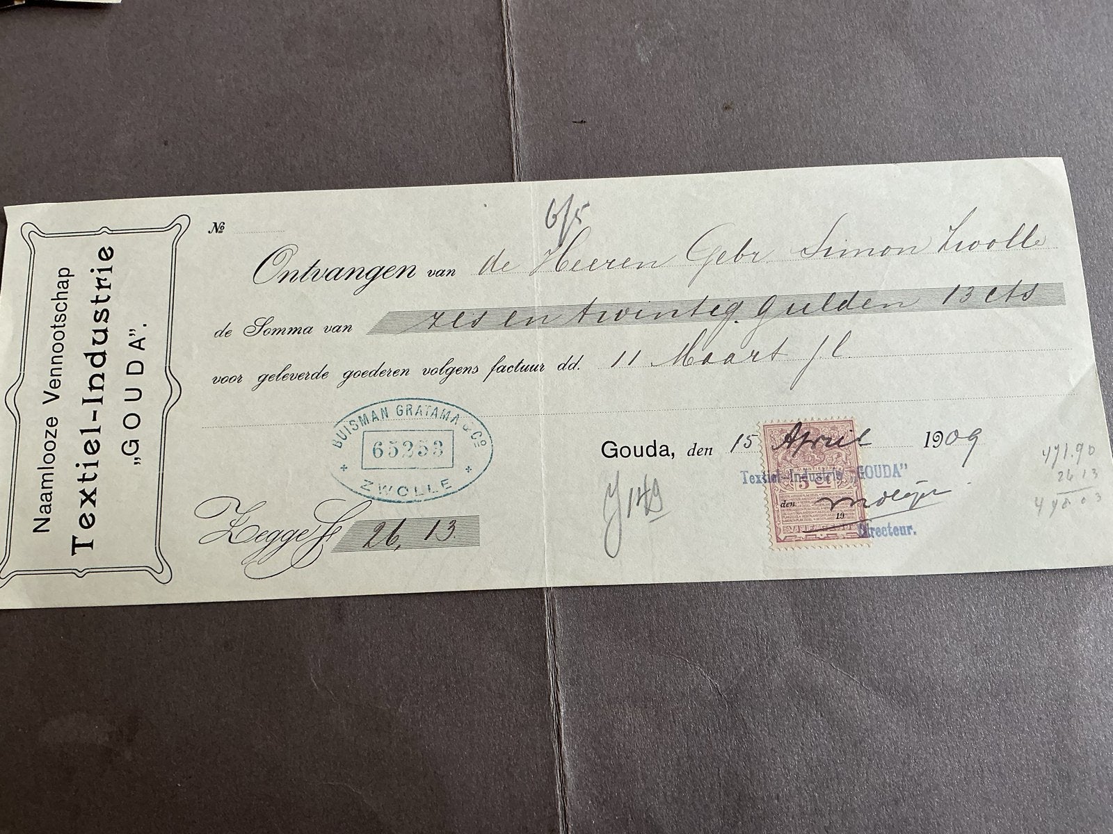 Historische geldbrief Textiel-Industrie "GOUDA" 1909, Verzenden, Gebruikt