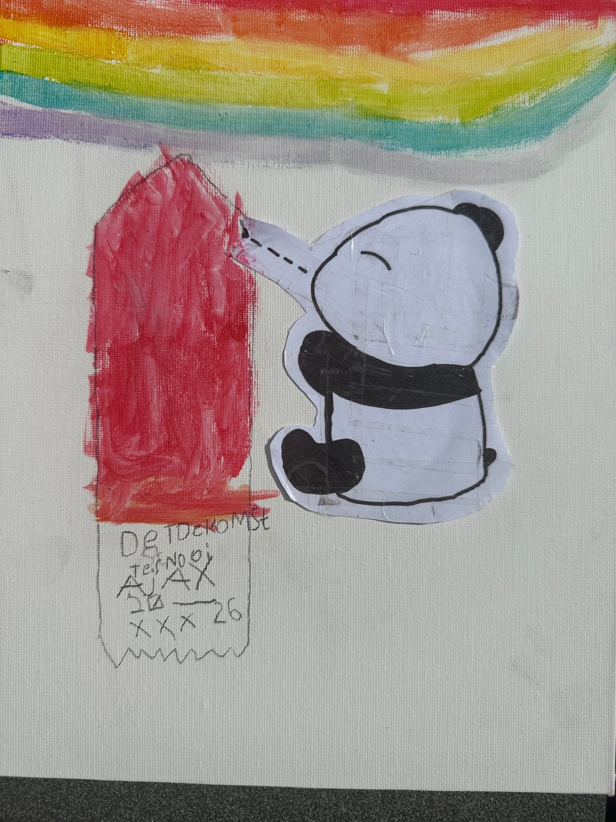 Vrolijk Schilderij met Panda en Regenboog, Acrylverf, Overige stijlen, Doek, Ophalen of Verzenden