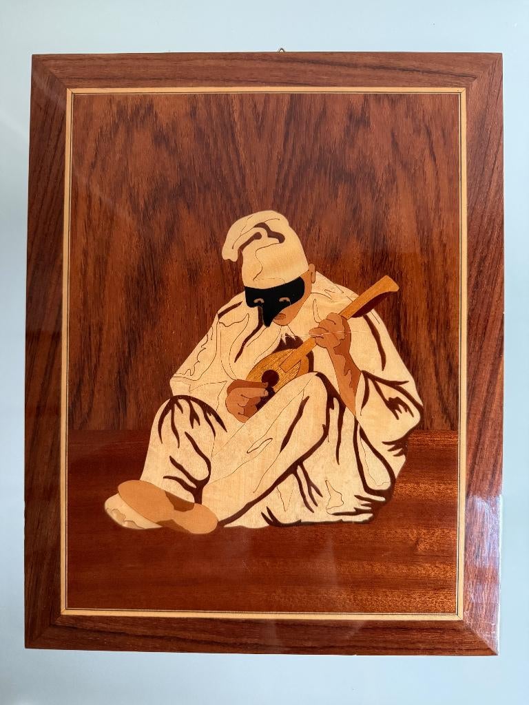 Vintage houten inlegwerk wanddecoratie Pulcinella Italy, Ophalen of Verzenden