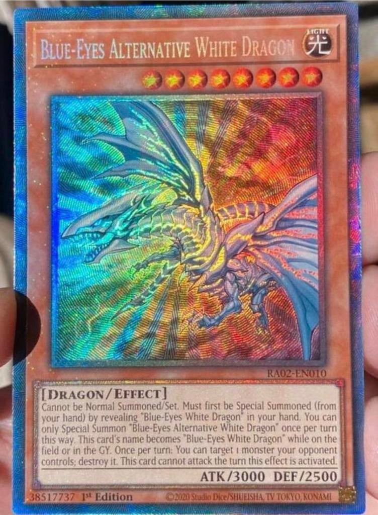 Yu-Gi-Oh! Blue Eyes Alternative White  Dragon RA02 1st !, Ophalen of Verzenden, Zo goed als nieuw, Losse kaart, Foil