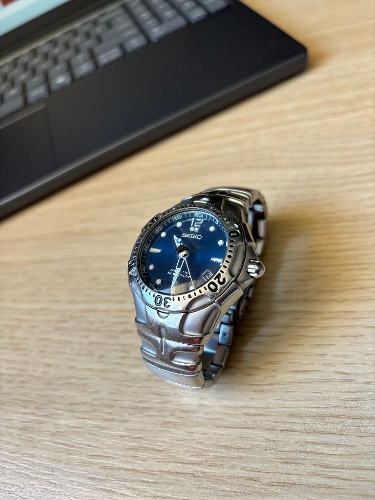 Seiko Kinetic Auto Relay (2001) – Deep Blue Dial, Gebruikt, Staal, Polshorloge, Ophalen of Verzenden