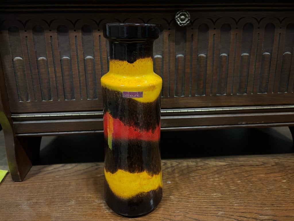 Scheurich fat lava vaas bruin met geel en rood, met etiket, Ophalen of Verzenden