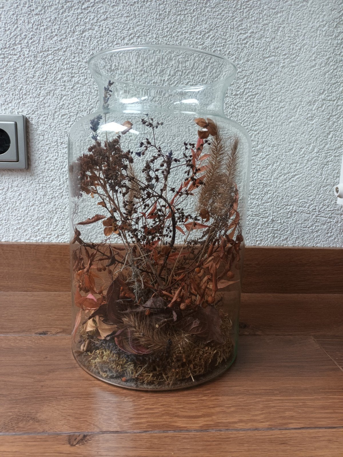 Glazen vaas met herfststukje droogbloemen pot bose 15x30 cm, Gebruikt, Overige kleuren, Ophalen of Verzenden, Glas