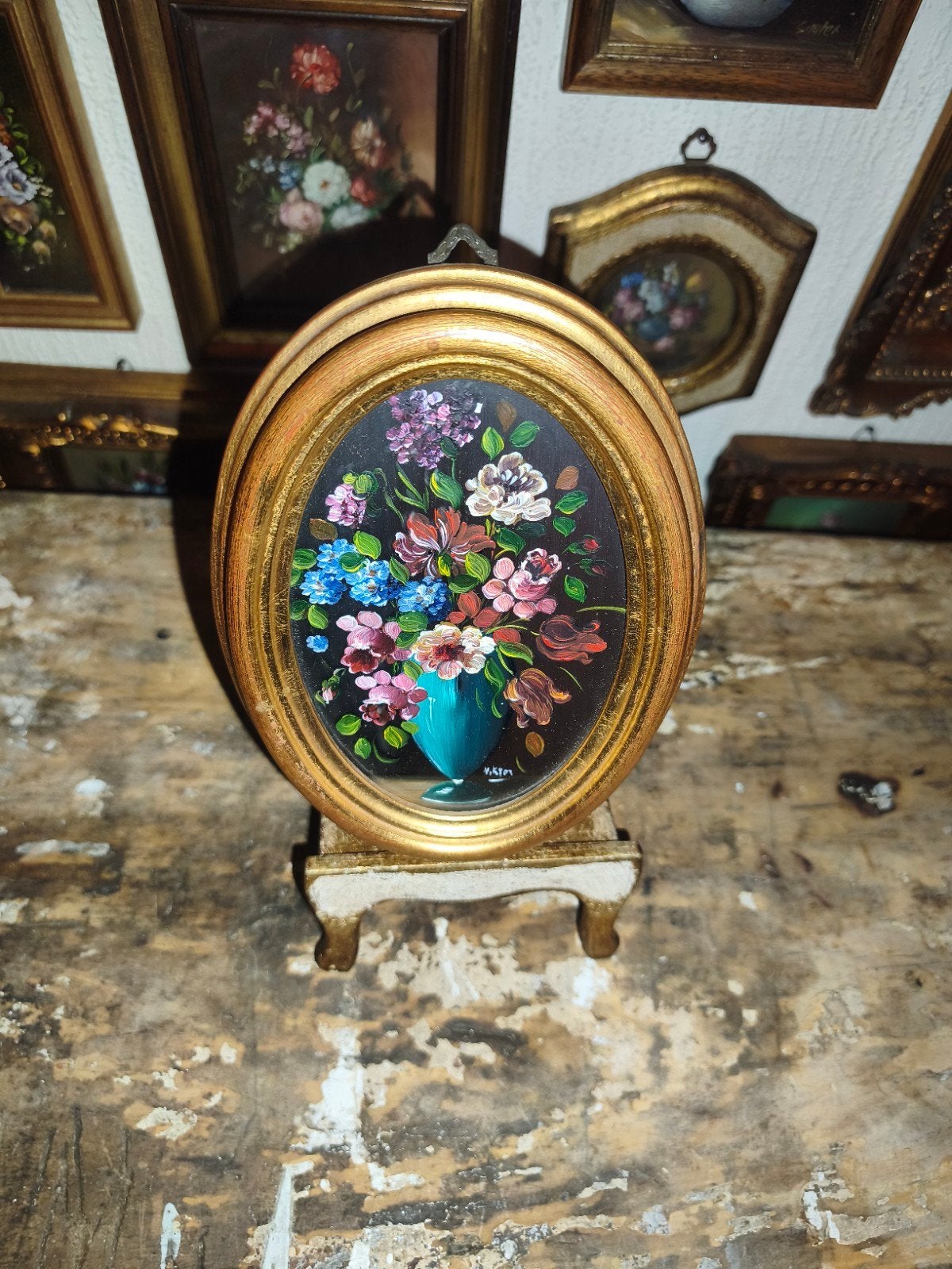 oud schilderijtje schilderij lijst stilleven bloemen Y29, Ophalen of Verzenden