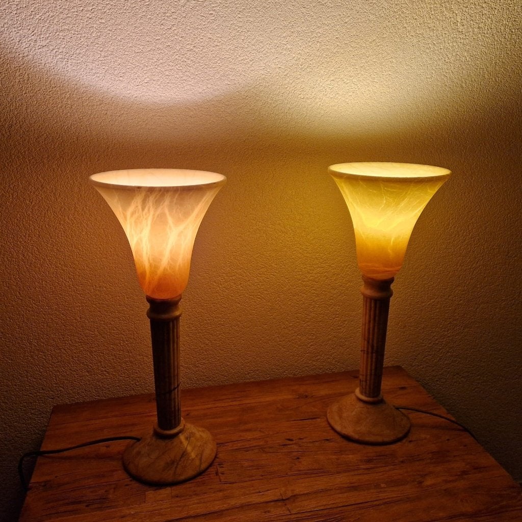 2 vintage Spaanse kelklampen albast. Albatros Pegasam Jr. 70, Huis en Inrichting, 41 cm, Overige typen, Overige merken, Meerkleurig