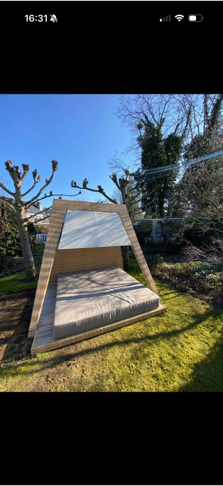 Luxe tweepersoons loungebed met zonneluifel, Ophalen, Gebruikt, Wicker