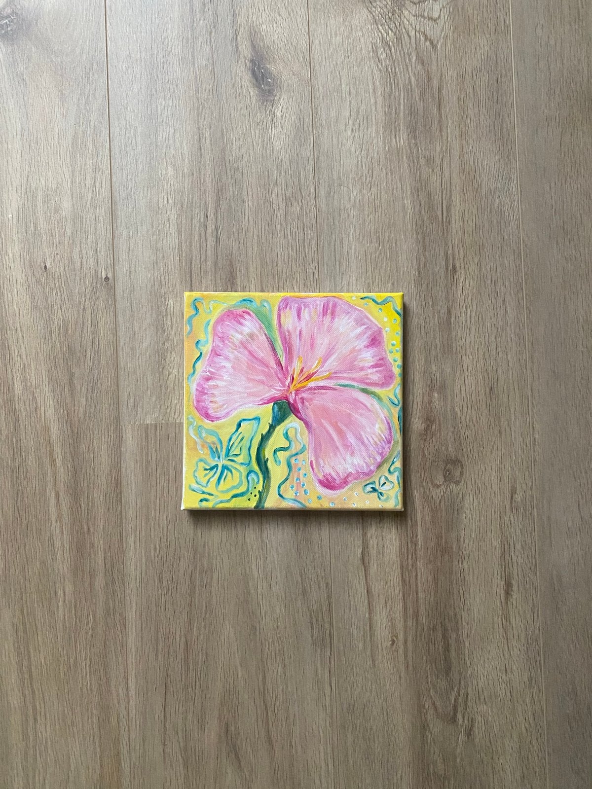 Schilderij Roze Bloem op Canvas, Antiek en Kunst, Kunst | Schilderijen | Modern, Acrylverf, Handgeschilderd, Ophalen of Verzenden