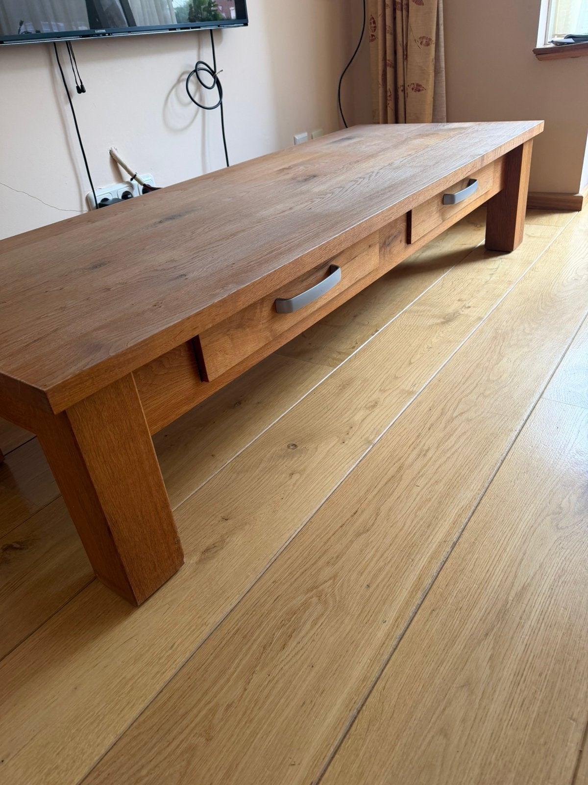 Massief eiken Tv meubel (160L x 60B x 35H), Ophalen, Gebruikt, Eikenhout, 50 tot 100 cm