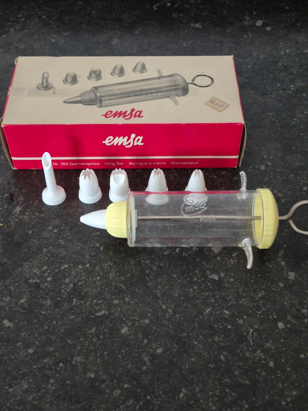 Vintage Emsa garneerspuit set, Ophalen of Verzenden, Zo goed als nieuw, Kunststof, Geel