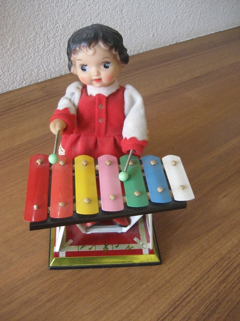 1970 poppetje met xylofoon opwindbaar, Antiek en Kunst, Curiosa en Brocante, Ophalen of Verzenden