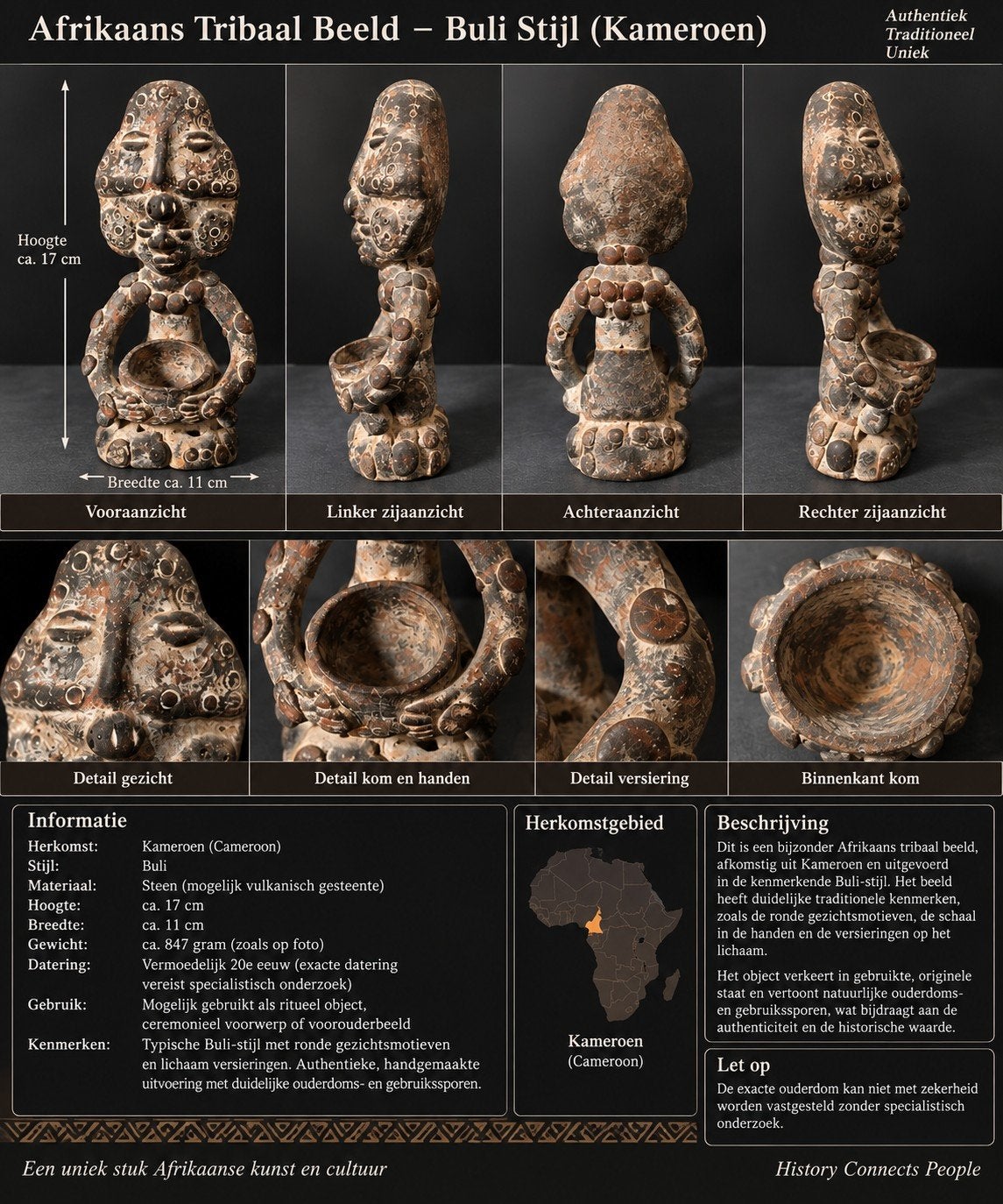 Afrikaans decoratief figuur uit Kameroen, Buli-stijl, Antiek en Kunst, Afrika, Handgemaakt, 23 cm, Ophalen of Verzenden
