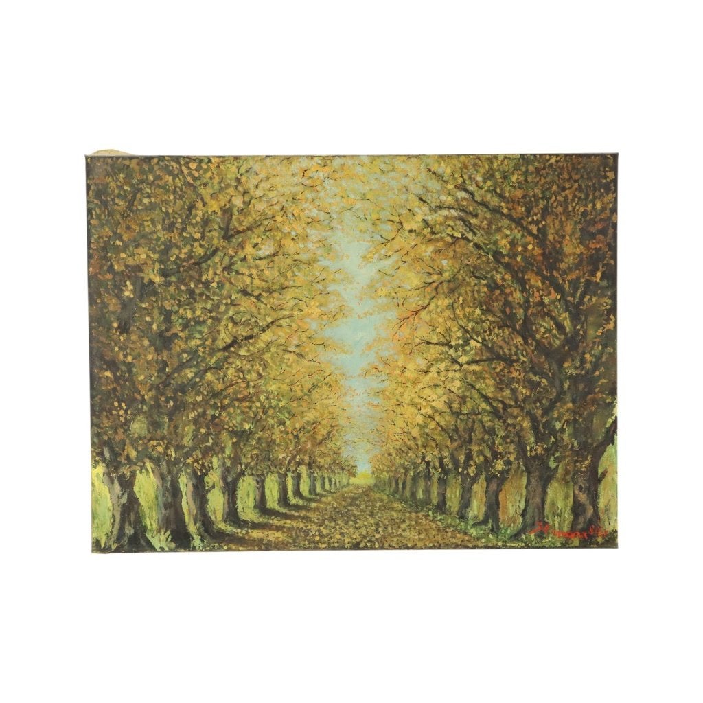 Groot Vintage Schilderij op Doek Perspectief Bomen Gesigneer, Ophalen of Verzenden, Landschap, Doek