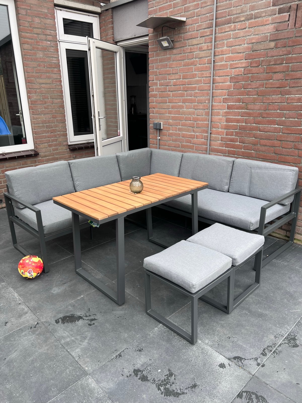loungeset met eettafel en krukjes, Tuin en Terras, Ophalen, 6 zitplaatsen, Aluminium, Zo goed als nieuw
