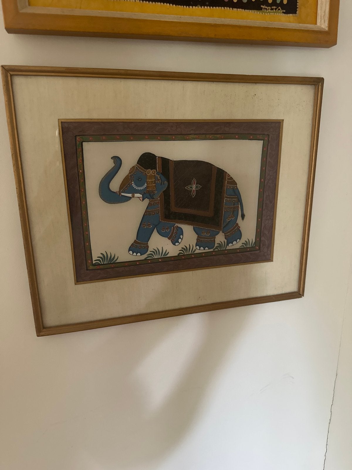 Ingelijste Indiase olifant schildering, Antiek en Kunst, Kunst | Niet-Westerse kunst, Ophalen, Schilderij, Blauw, India