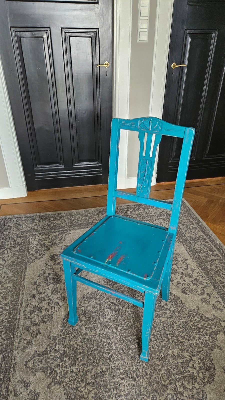 Unieke Antieke Houten Stoel – Shabby Chic-Turquiose, Ophalen