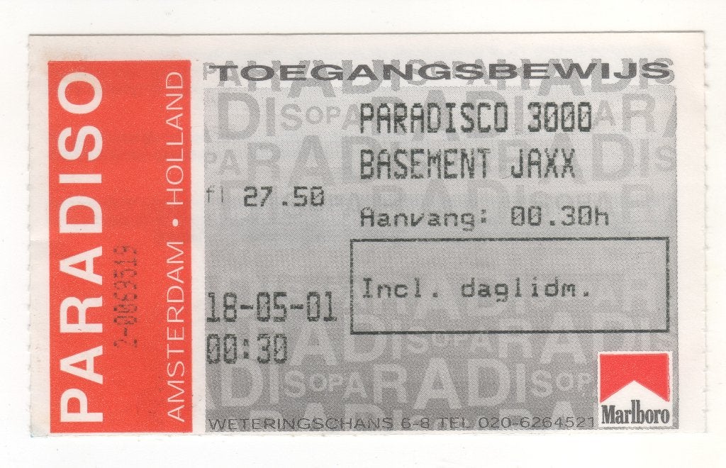 toegangskaartje Paradiso 18 mei 2001 (TK 34), Ophalen of Verzenden