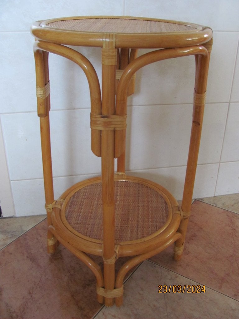 VINTAGE hoog rond BIJZETTAFELTJE tafel ROTAN 70 x 42 cm IZGS, Huis en Inrichting, Tafels | Bijzettafels, Ophalen, Overige materialen