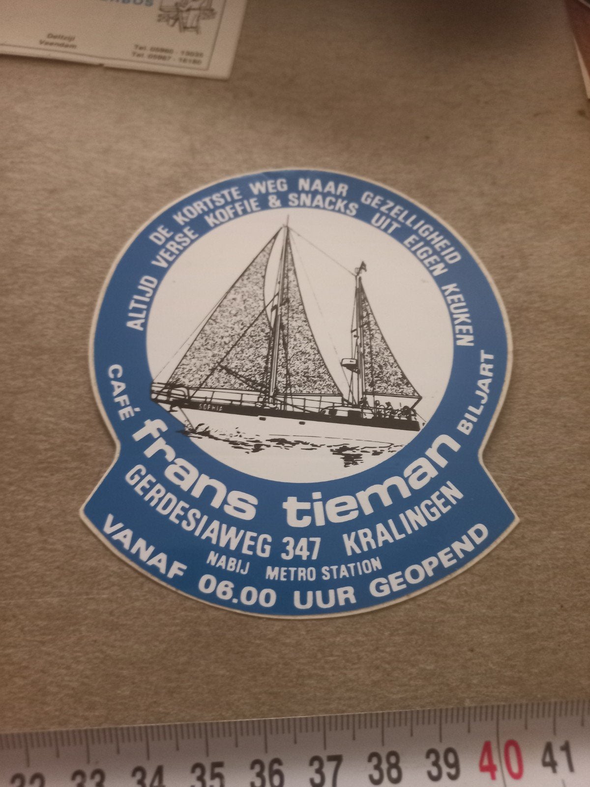 Vintage Reclamesticker Café Frans Tieman Kralingen, Ophalen of Verzenden, Gebruikt