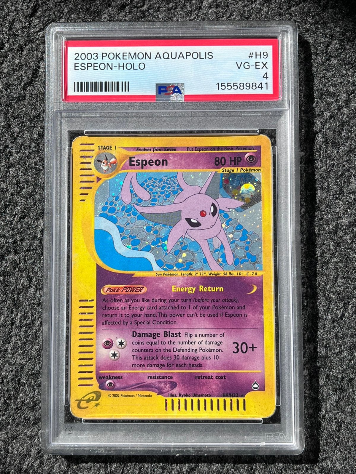 Pokémon PSA 4 Espeon Holo #H9 Aquapolis, Ophalen of Verzenden, Zo goed als nieuw, Losse kaart, Foil