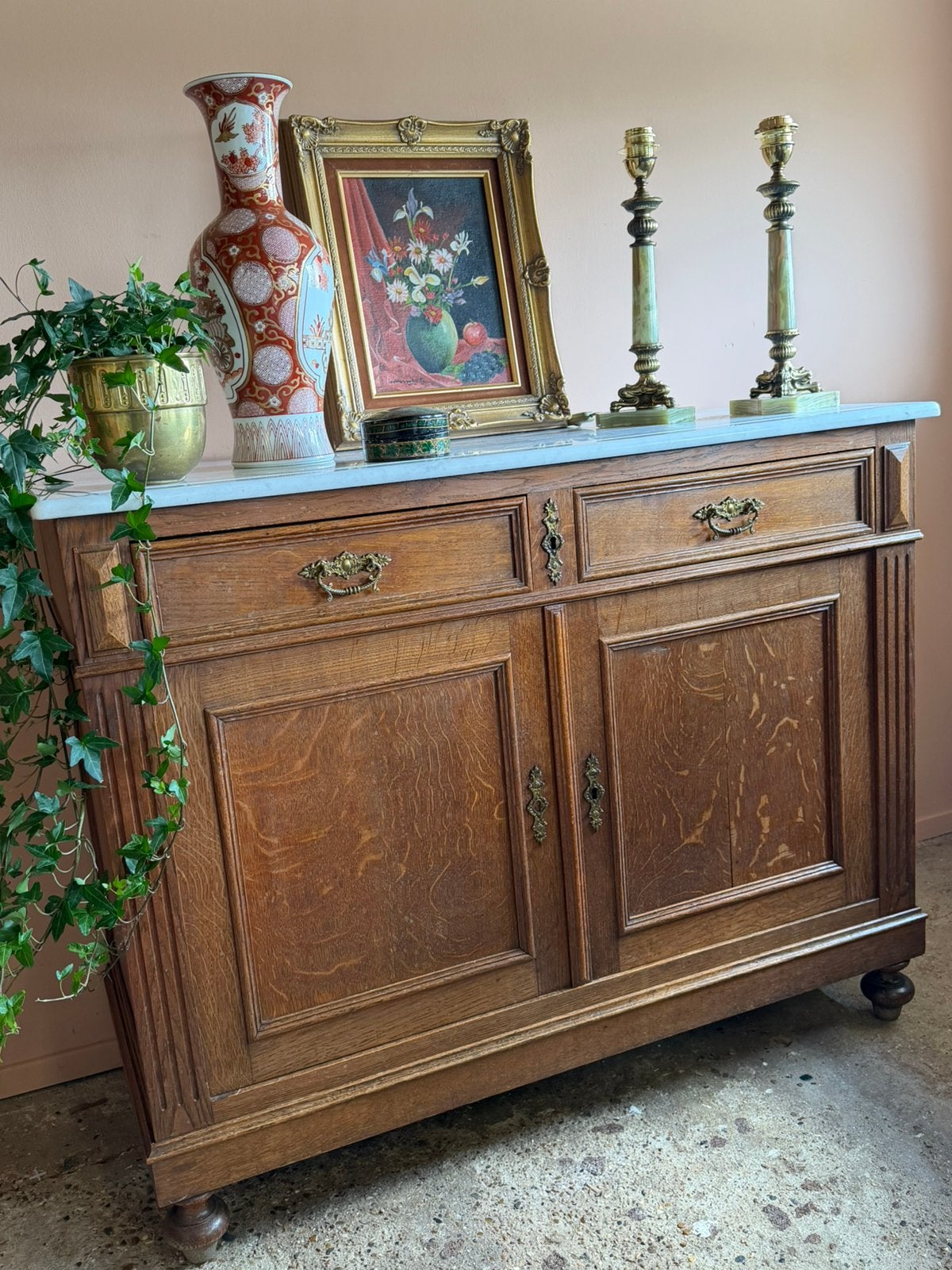 Vintage houten commode eik met wit marmeren blad, Huis en Inrichting, Kasten | Overige, Ophalen, Gebruikt