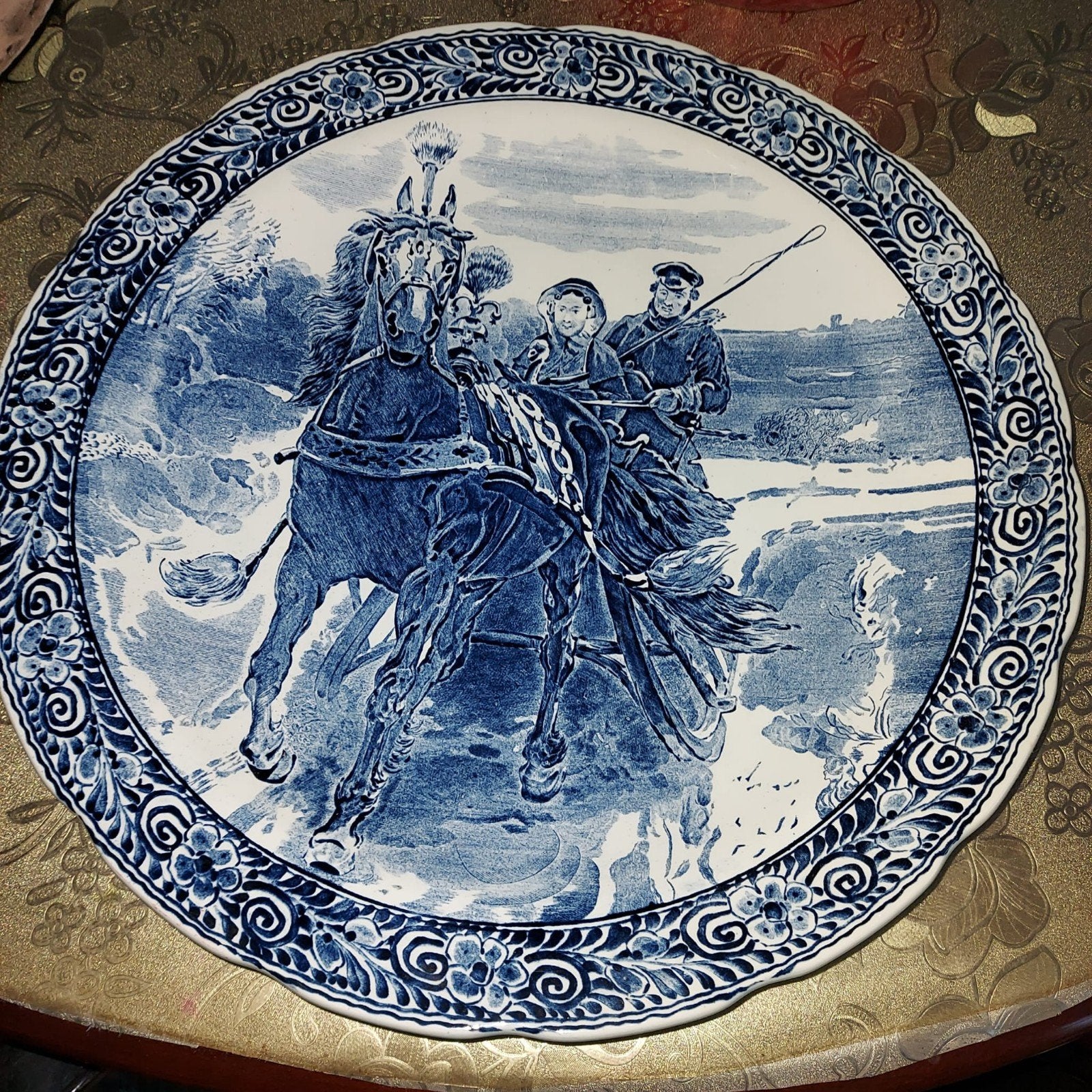 Antiek Delfts Blauw Wandbord - Paard en Sleetocht, Ophalen