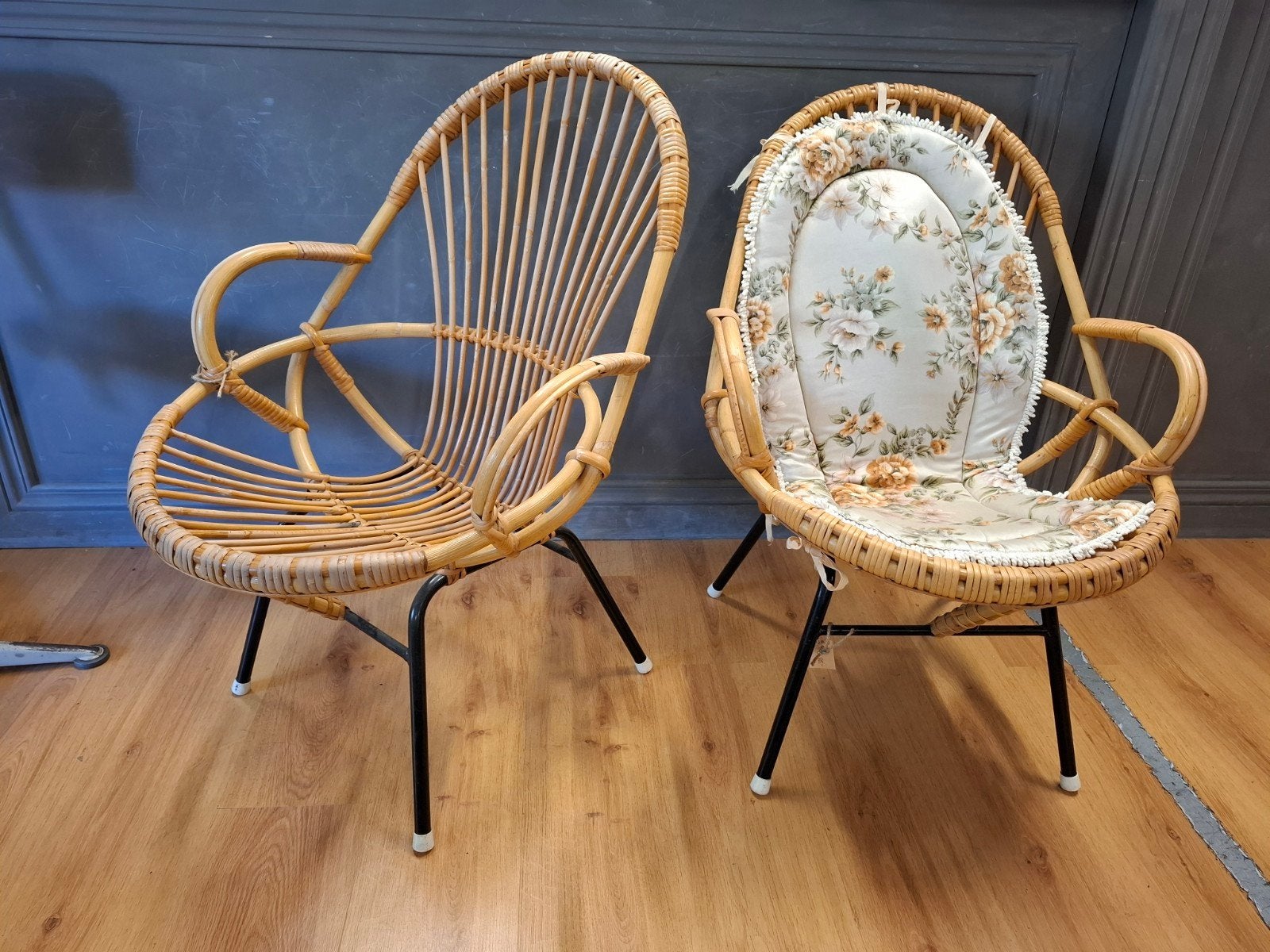 Vintage rotan Rohe Noordwolde stoeltje mid century design, Twee, Zwart, ..., Zo goed als nieuw