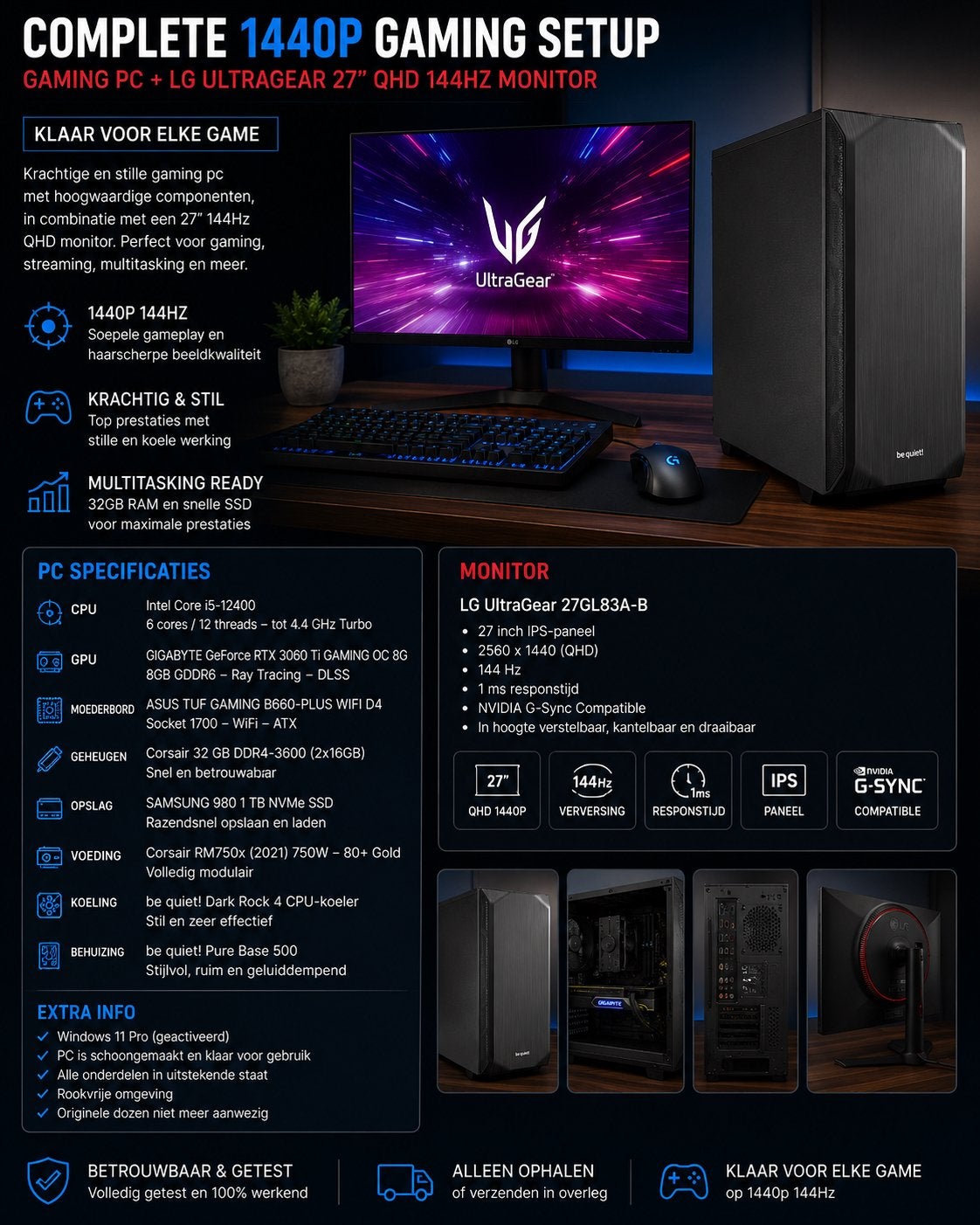 Gaming PC + LG UltraGear 27” QHD 144Hz – RTX 3060 Ti/i5/32GB, Computers en Software, Desktop Pc's, 32 GB, Zo goed als nieuw, Gaming