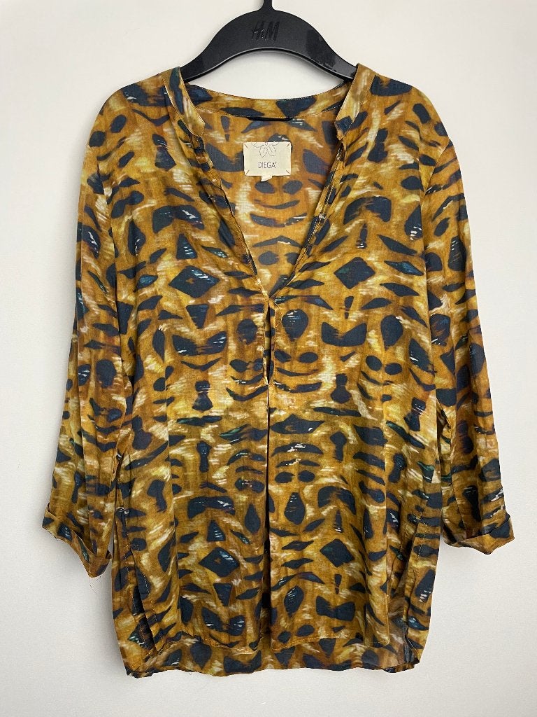 Diega lange blouse zwart geel bruin maat M abstracte print, Maat 38/40 (M), 6 rue Béranger 75003 Paris, Eshop@diega.fr, Geel