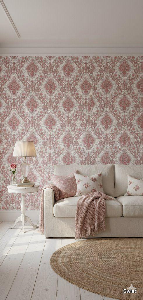 14089 Oudroze barok bloemenbehang in roze en wit swiet, Verzenden, Roze