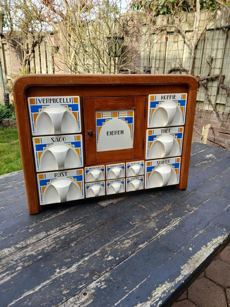 Vintage kruidenkastje met porseleinen lades, Ophalen
