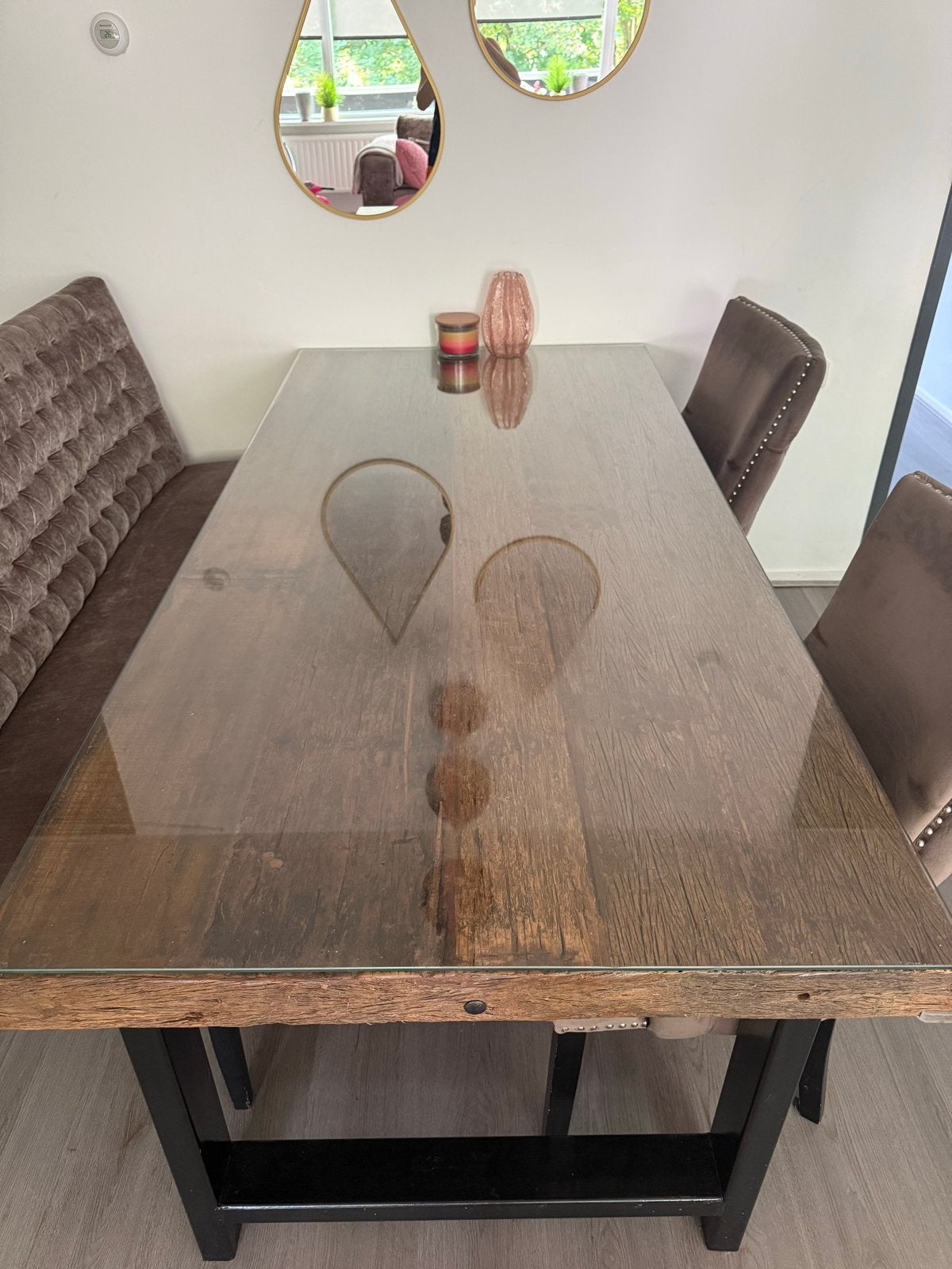 Robuuste eettafel met bank en stoelen, Huis en Inrichting, Tafels | Eettafels, Ophalen, Gebruikt, 50 tot 100 cm, 150 tot 200 cm